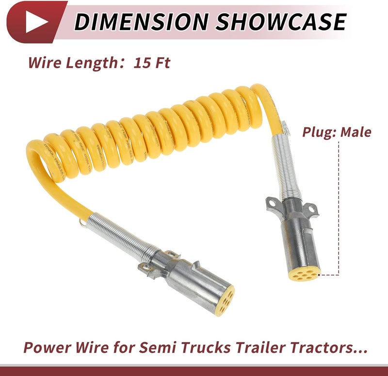 HEROFFIX 7 Way Coiled Electrical Power Trailer Cord Wire Male Plug Trailer Extension Cable for Semi Trucks Tractors 15 Feet Yellow Zinc Alloy - Image 3
